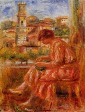 Woman at the Window with a View of Nice by Oil Painting Reproduction