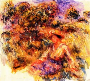 Woman in Blue with a Hat Sitting on the Lawn