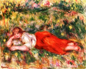 Woman in Red and White Lying on the Grass