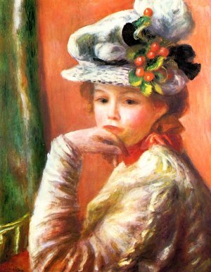 Young Girl in a White Hat by Oil Painting Reproduction