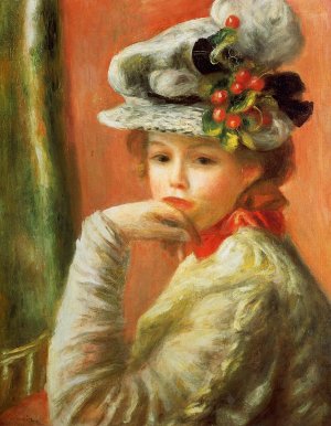 Young Girl in a White Hat by Oil Painting Reproduction