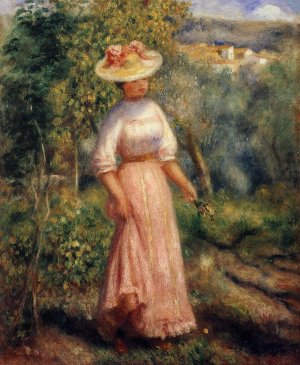 Young Woman in Red in the Fields by Oil Painting Reproduction